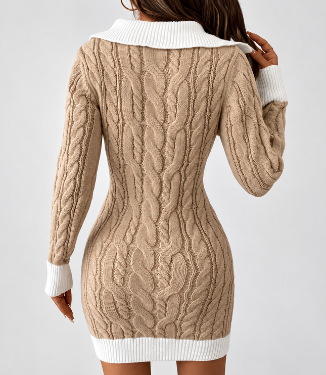 Women's Beige Cable Knit Sweater Dress with Contrast Collar