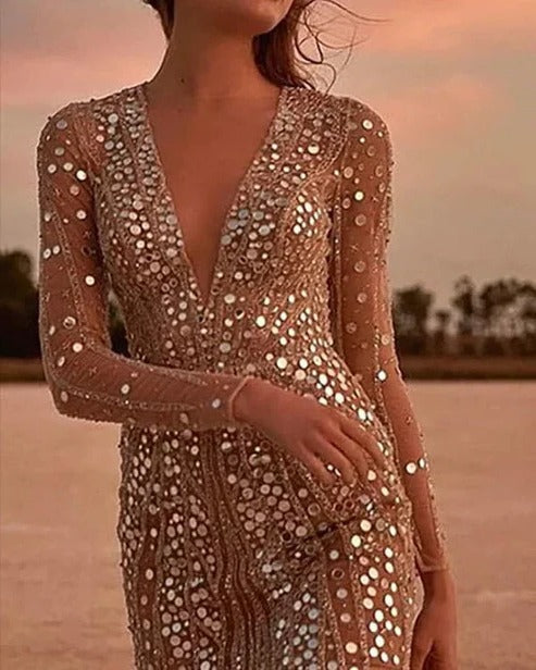 Women's Beige Sequin Mini Dress with Sheer Long Sleeves