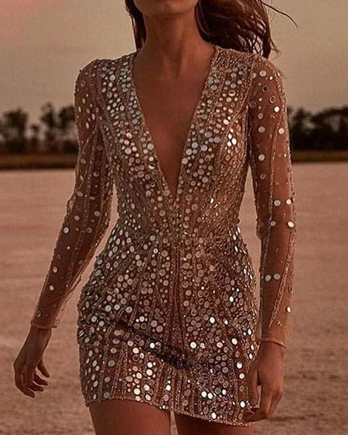 Women's Beige Sequin Mini Dress with Sheer Long Sleeves