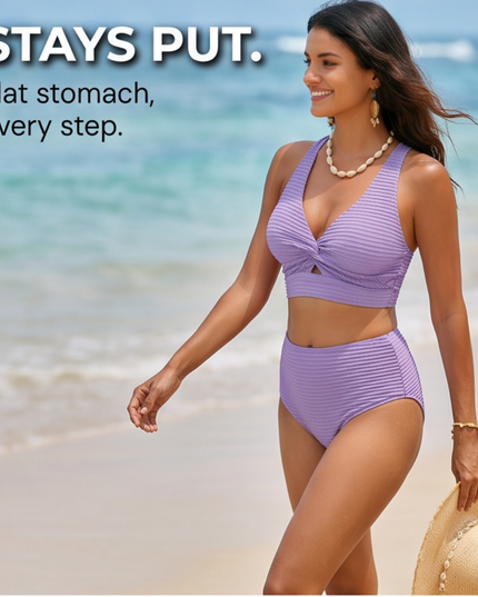 Women's Bikini Set with Twist Front Top and High Waist Bottoms