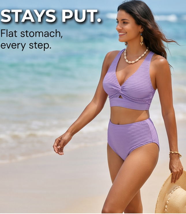 Women's Bikini Set with Twist Front Top and High Waist Bottoms