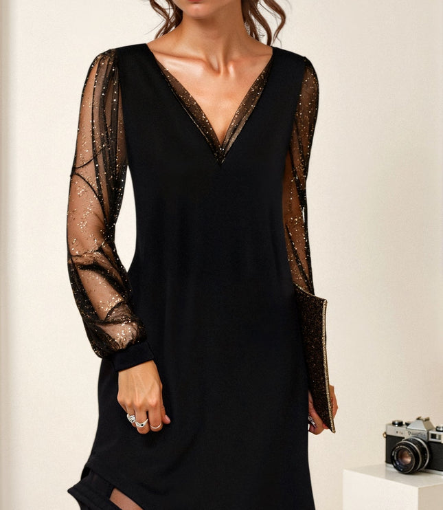 Women's Black Cocktail Dress with Sheer Sleeves