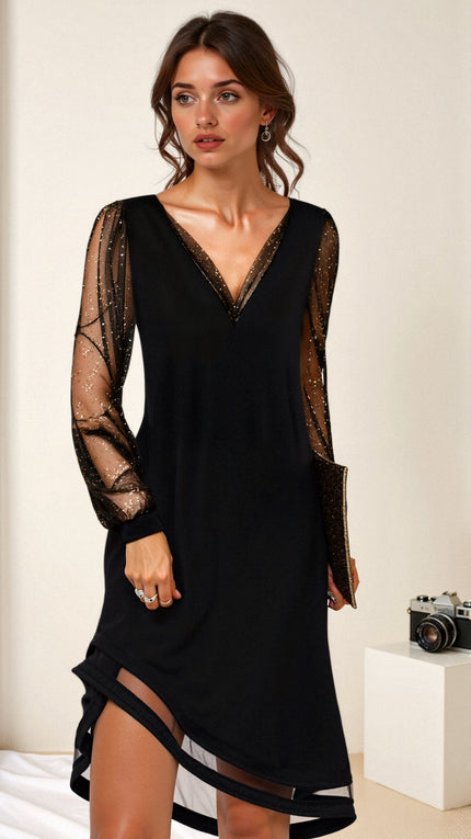 Women's Black Cocktail Dress with Sheer Sleeves