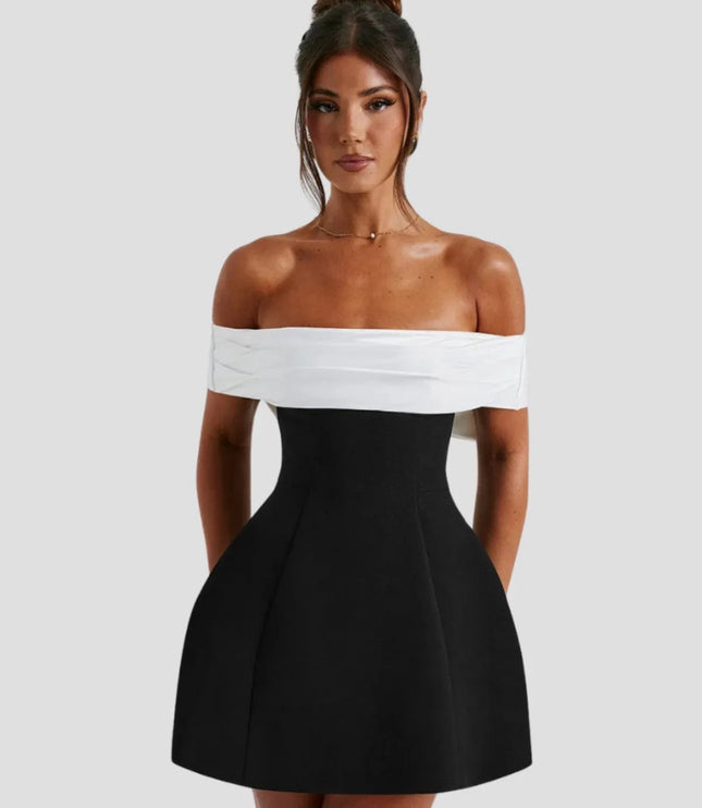 Women's off-shoulder black and white mini dress with wrapped neckline, front view