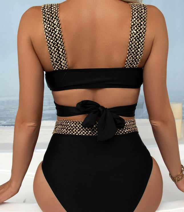 Women's Black Crossover Bikini with Gold Chain Trim
