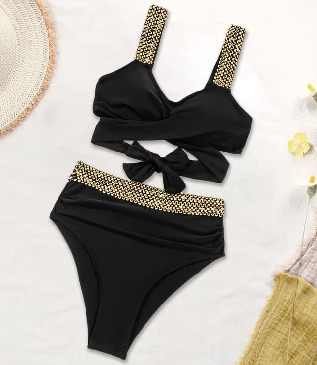 Women's Black Crossover Bikini with Gold Chain Trim