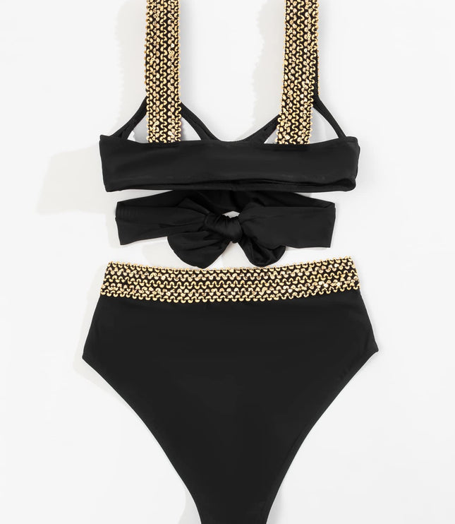 Women's Black Crossover Bikini with Gold Chain Trim