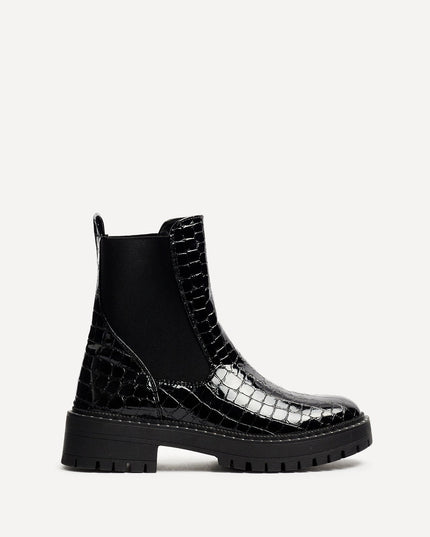 Women's Black Faux Croc Chelsea Boots with a Chunky Sole