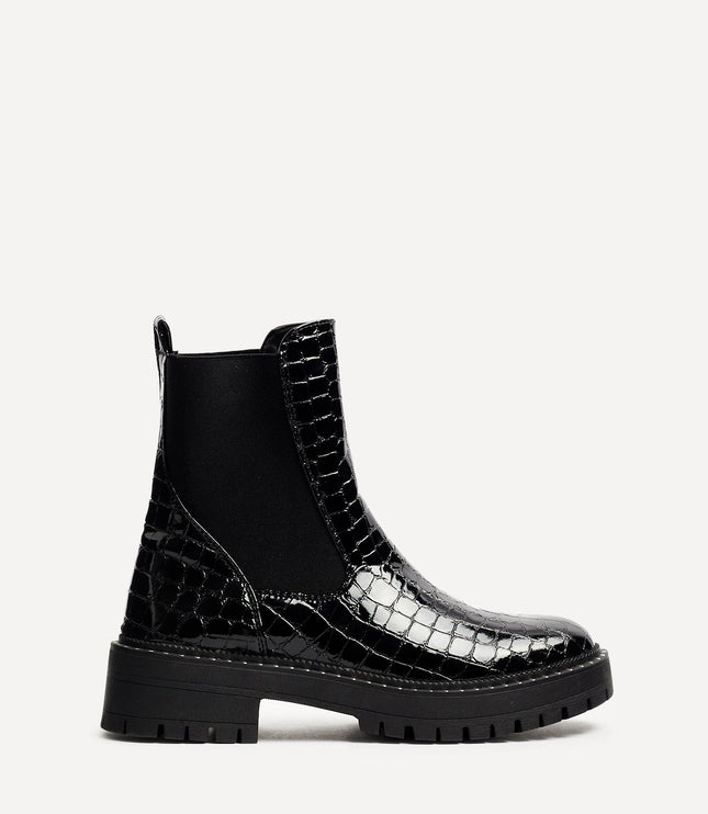Women's Black Faux Croc Chelsea Boots with a Chunky Sole