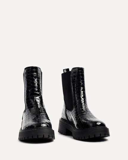 Women's Black Faux Croc Chelsea Boots with a Chunky Sole