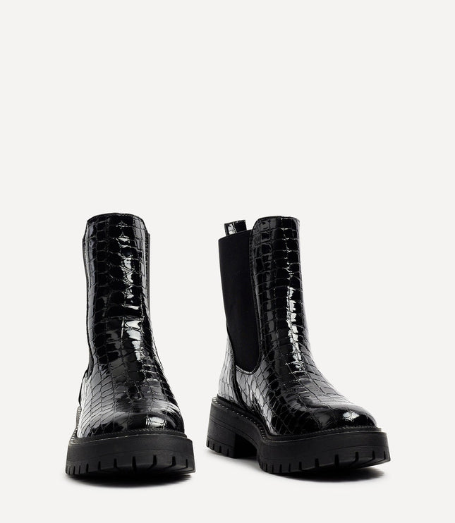 Women's Black Faux Croc Chelsea Boots with a Chunky Sole