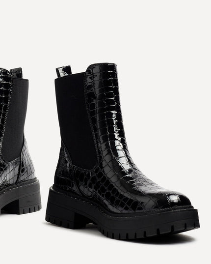 Women's Black Faux Croc Chelsea Boots with a Chunky Sole