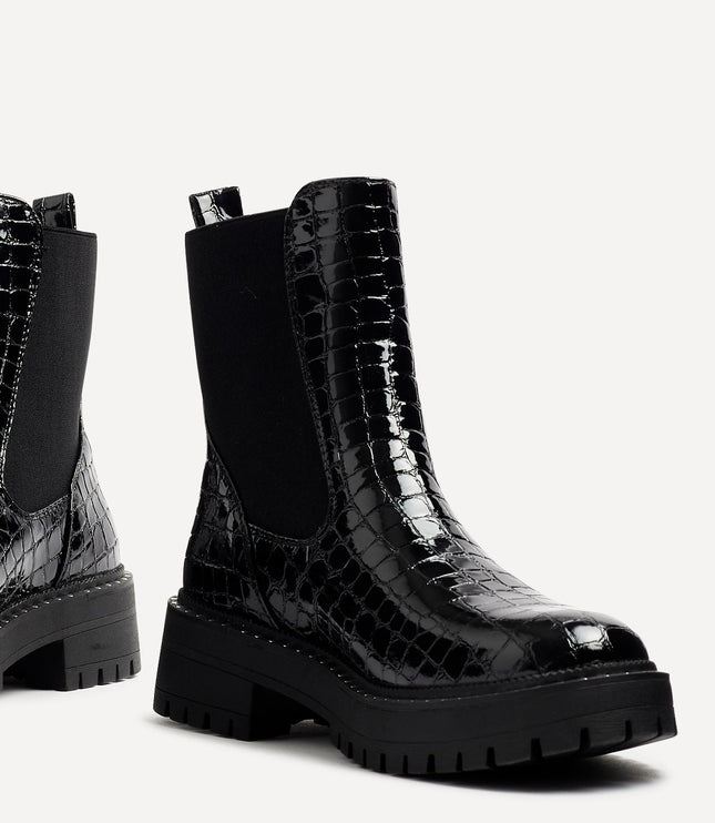 Women's Black Faux Croc Chelsea Boots with a Chunky Sole