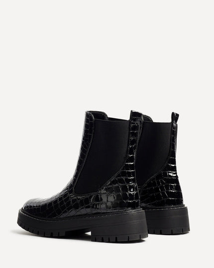 Women's Black Faux Croc Chelsea Boots with a Chunky Sole