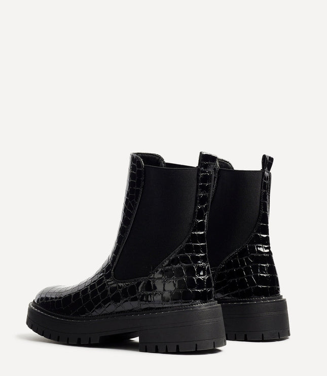 Women's Black Faux Croc Chelsea Boots with a Chunky Sole