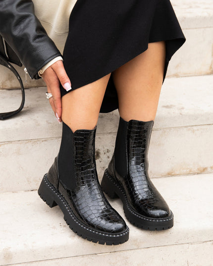Women's Black Faux Croc Chelsea Boots with a Chunky Sole