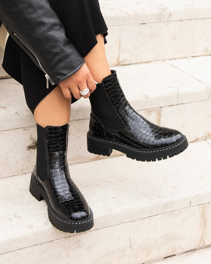 Women's Black Faux Croc Chelsea Boots with a Chunky Sole