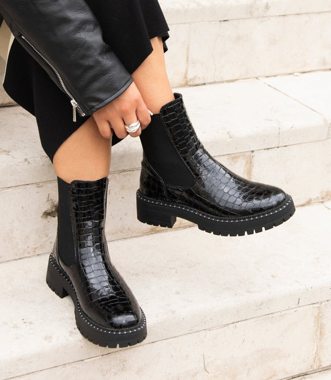 Women's Black Faux Croc Chelsea Boots with a Chunky Sole
