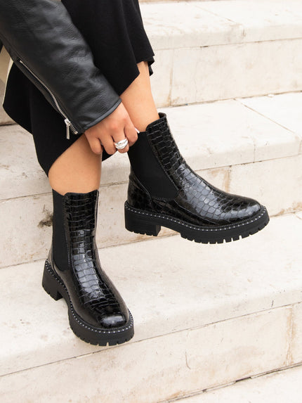 Women's Black Faux Croc Chelsea Boots with a Chunky Sole