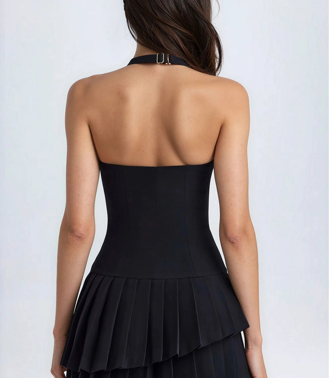 Women's Black Halter Pleated Mini Homecoming Summer Dress