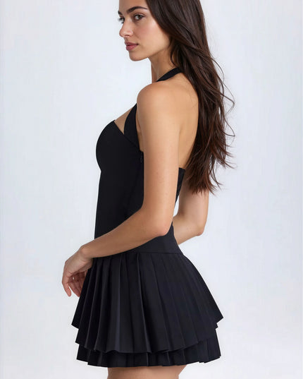 Women's Black Halter Pleated Mini Homecoming Summer Dress