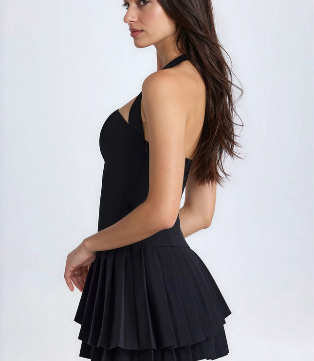 Women's Black Halter Pleated Mini Homecoming Summer Dress