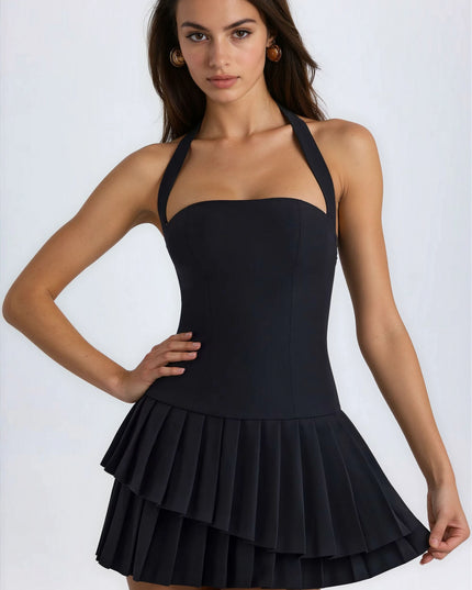 Women's Black Halter Pleated Mini Homecoming Summer Dress
