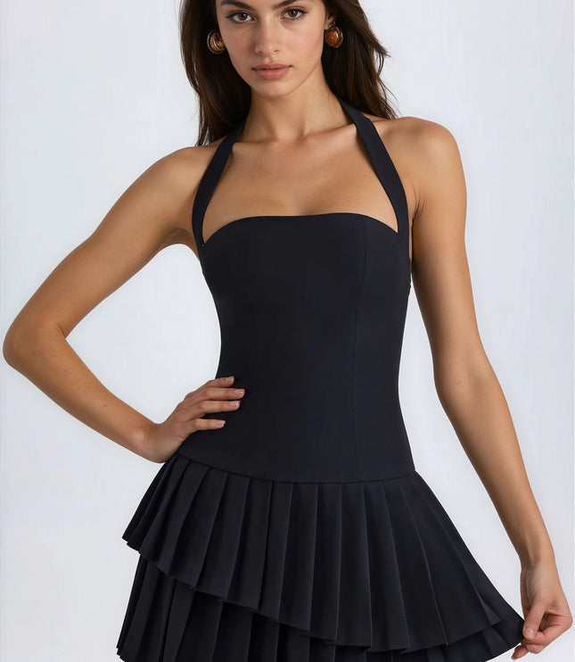 Women's Black Halter Pleated Mini Homecoming Summer Dress