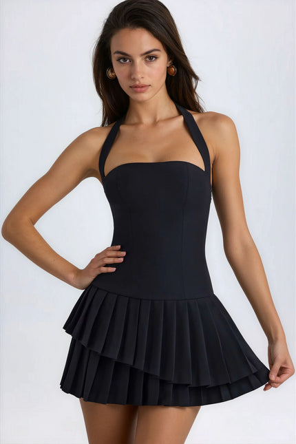 Women's Black Halter Pleated Mini Homecoming Summer Dress