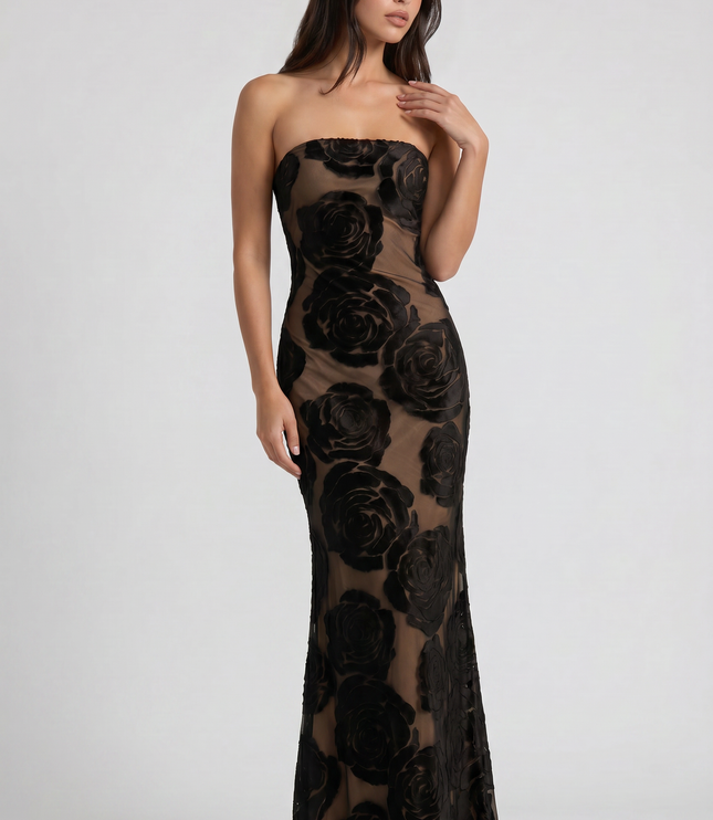 Women's Black Satin Sleeveless Ruched Evening Maxi Dress