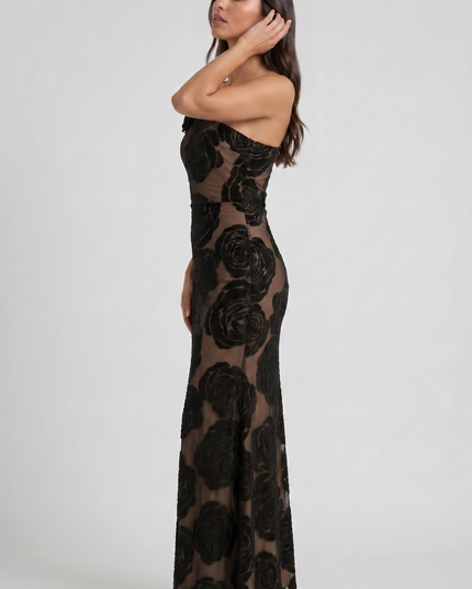 Women's Black Satin Sleeveless Ruched Evening Maxi Dress