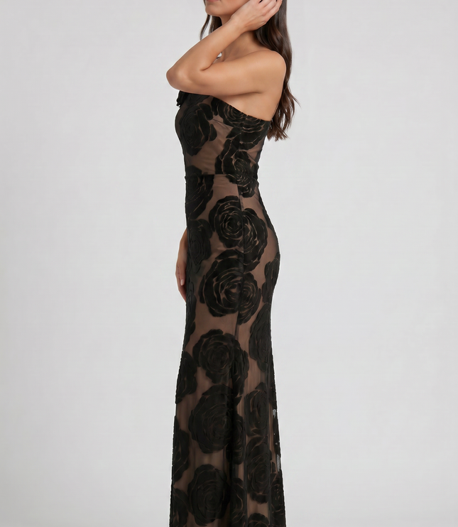 Women's Black Satin Sleeveless Ruched Evening Maxi Dress