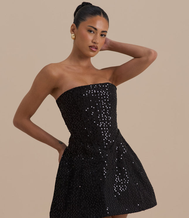 Women's Black Sequin Strapless Homecoming Mini Party Dress