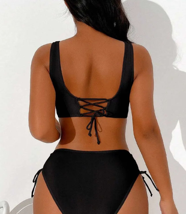 Back view of black v-neck bikini top with lace-up tie detail