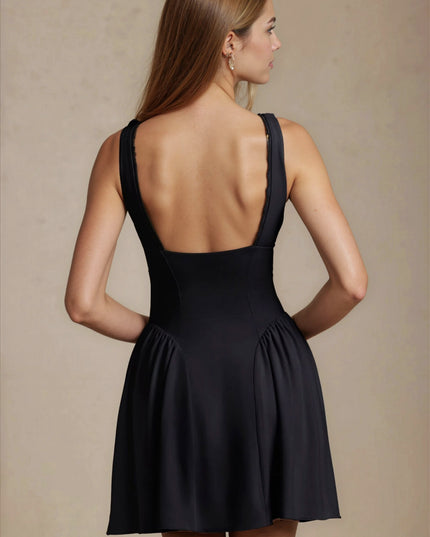 Women's Black V-Neck Summer Mini Dress with Pockets