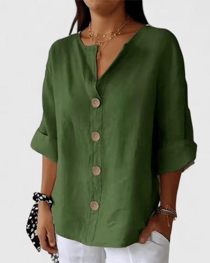 Women's Blouse with V Neckline and Full Button Front