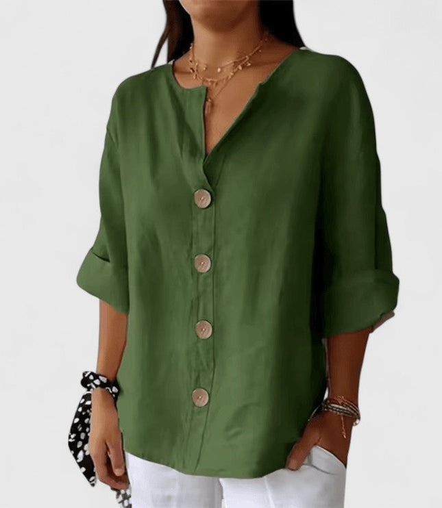 Women's Blouse with V Neckline and Full Button Front