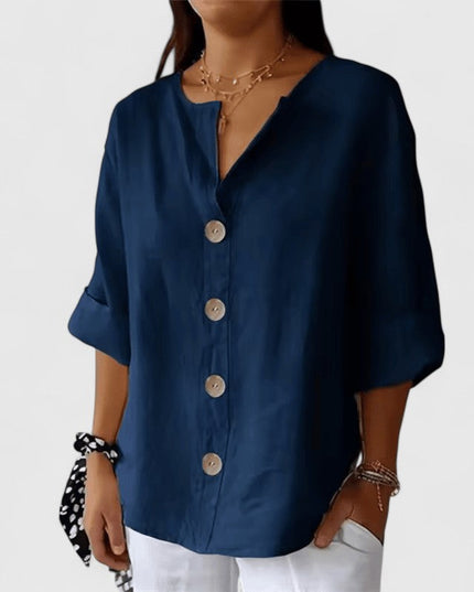 Women's Blouse with V Neckline and Full Button Front