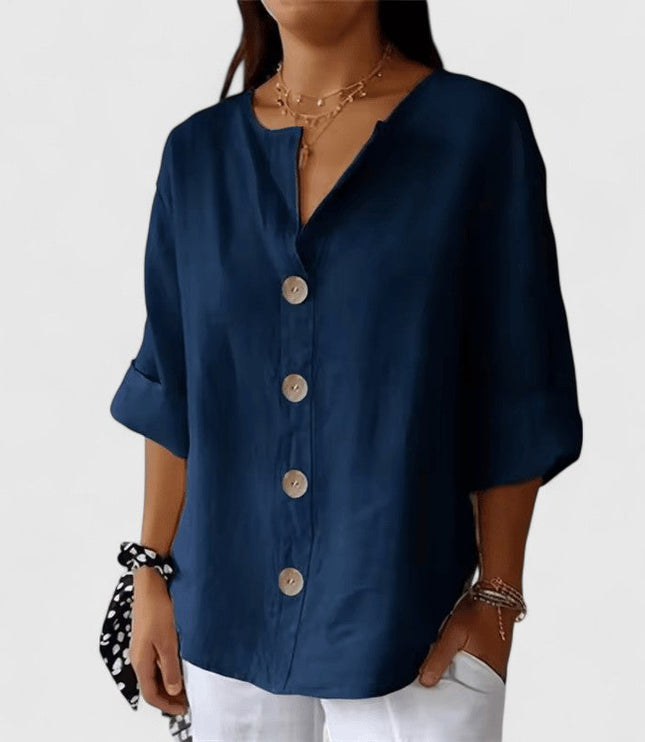 Women's Blouse with V Neckline and Full Button Front