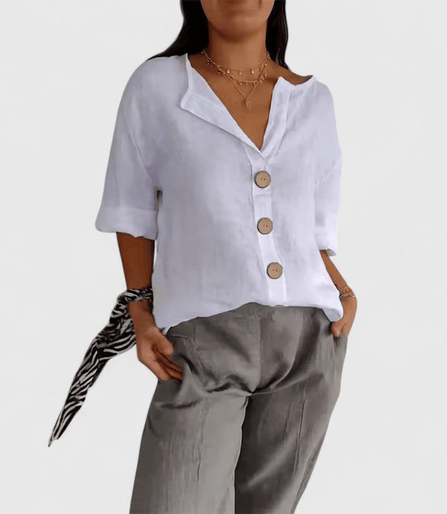 Women's Blouse with V Neckline and Full Button Front