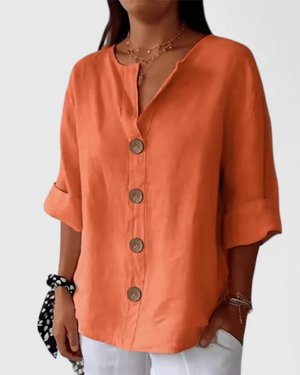 Women's Blouse with V Neckline and Full Button Front