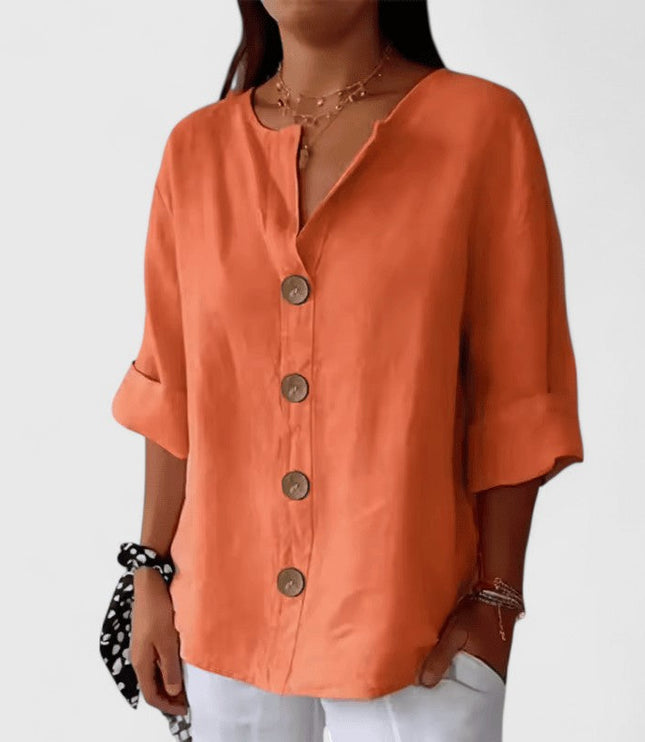 Women's Blouse with V Neckline and Full Button Front