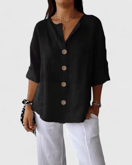 Women's Blouse with V Neckline and Full Button Front