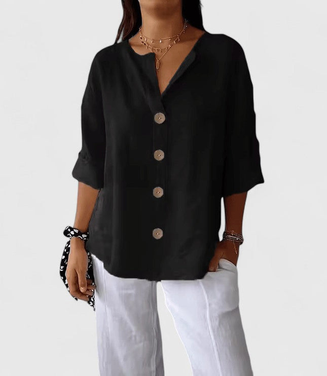 Women's Blouse with V Neckline and Full Button Front