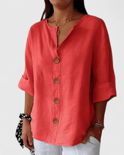 Women's Blouse with V Neckline and Full Button Front