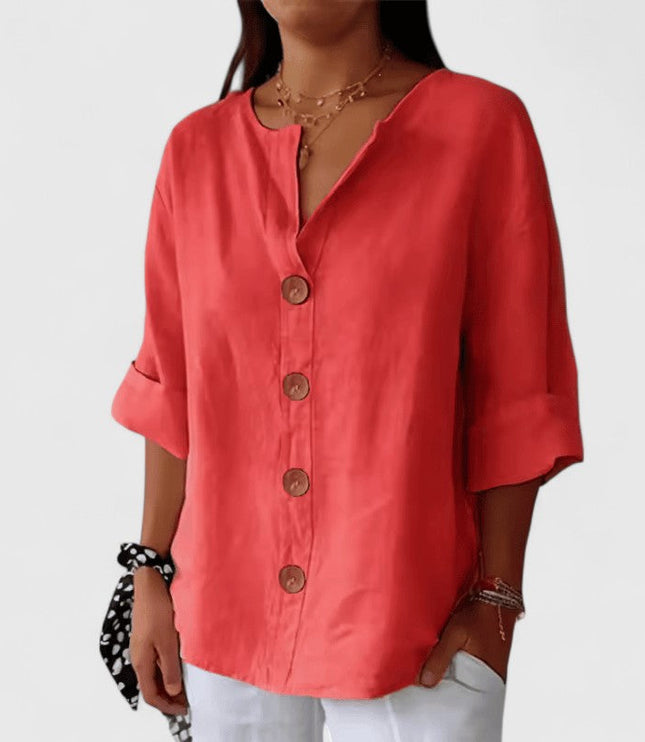 Women's Blouse with V Neckline and Full Button Front