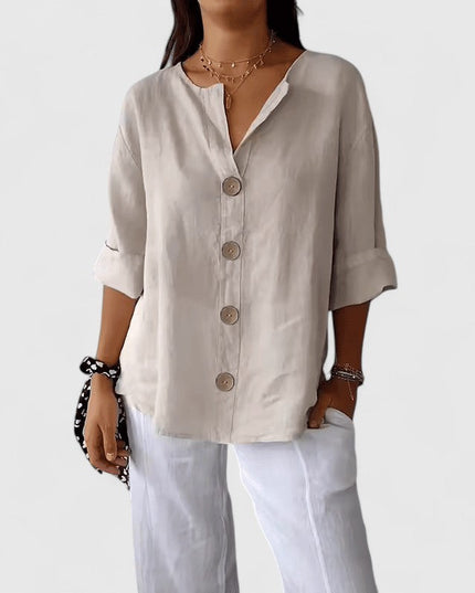Women's Blouse with V Neckline and Full Button Front