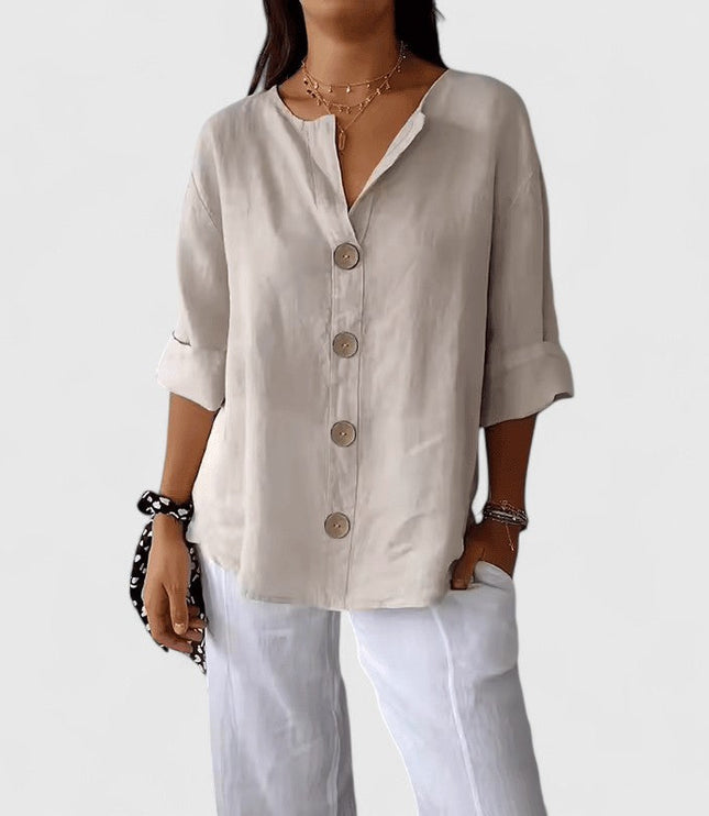 Women's Blouse with V Neckline and Full Button Front