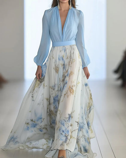 Blue and cream floral v-neck long sleeve maxi dress with flowing skirt