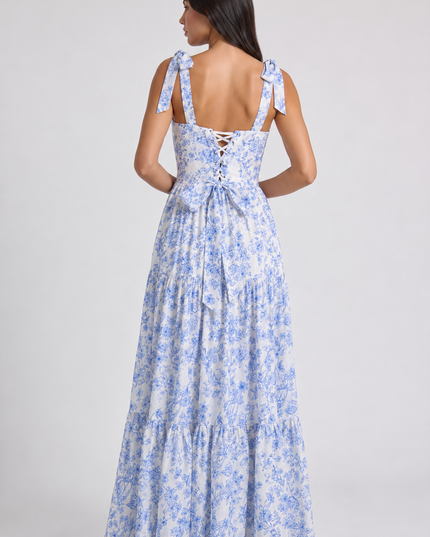 Women's Blue Floral V-Neck Maxi Wedding Guest Dress, Summer